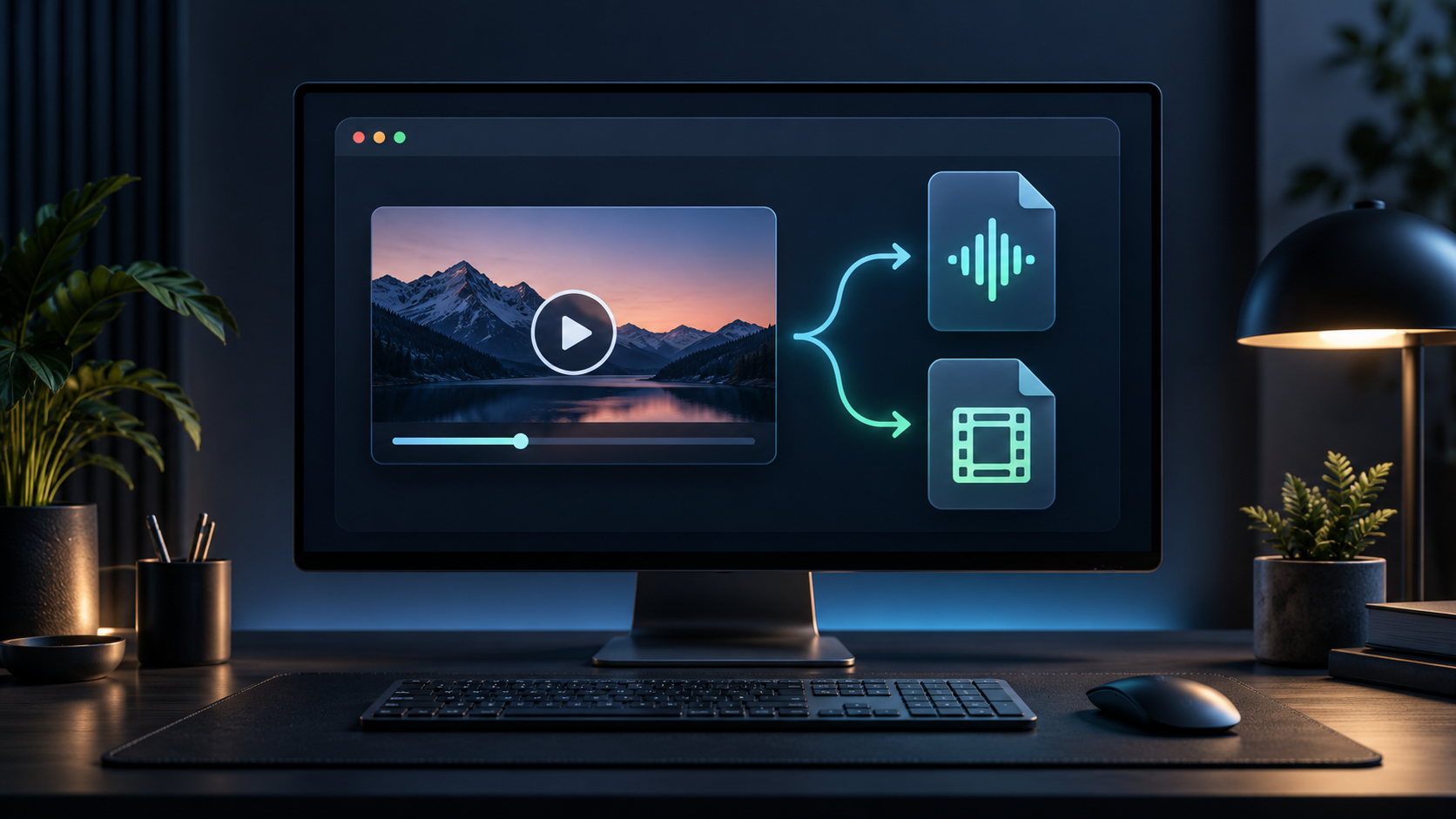 Visuel du projet : un écran représente la conversion d’une vidéo en fichiers audio et vidéo